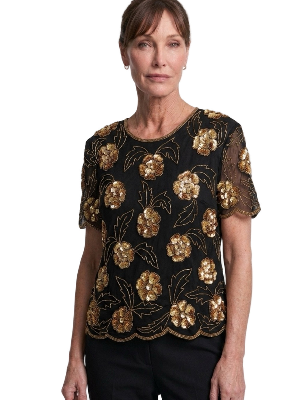 VINTAGE STENAY Blouse Top 100% Silk Black with Gold Sequin Women Plus Size 18
